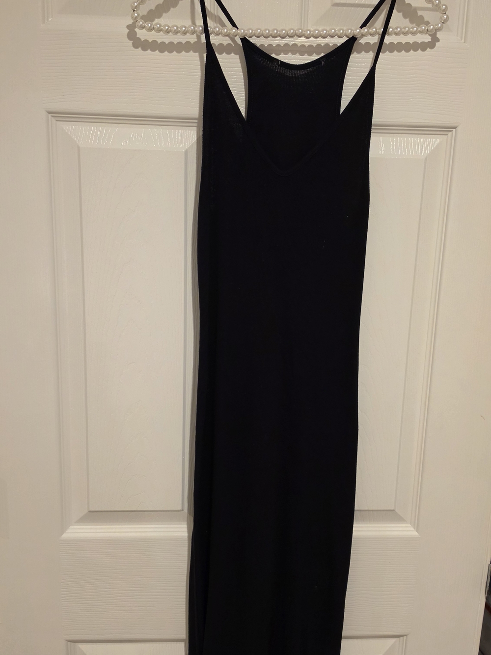 Womens V Neck Spaghetti Strap Finely Ribbed Black Body Con Clingy Summer Dress - Picture 2 of 5
